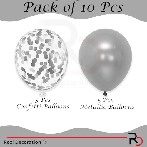 Image of Rozi Decoration Silver Metallic & Confetti Balloon Set - 10 Pcs (5 Metallic + 5 Confetti) | Party Decoration Balloons for Birthday, Anniversary, Wedding, Engagement & Celebration Decor