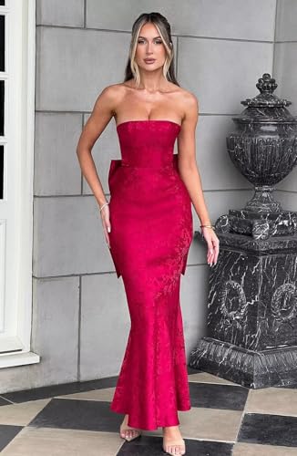 Satin Prom Dresses for Women 2025 Long Jacquard Floral Strapless Mermaid Badycon Formal Evening Dress with Bow3