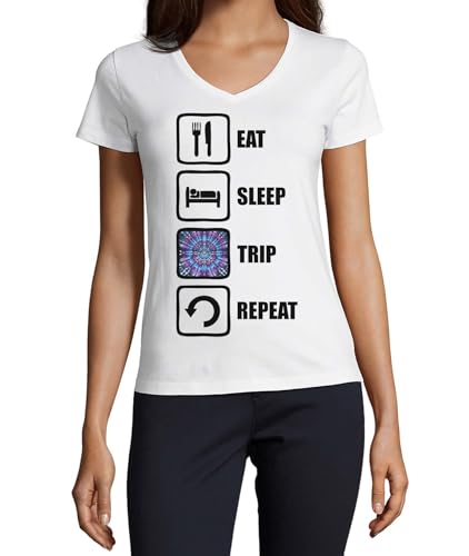 T-shirt trippy coton blanc col V femme Eat Sleep Trip Repeat qualitatif