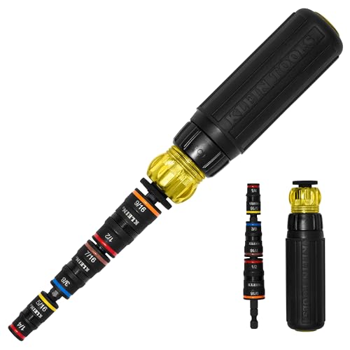Image of Klein Tools 32910RCHT Impact Driver, 7-in-1 SAE Impact Socket Set with Ratcheting Handle, Flip Socket with 1 /4, 5 /16, 3 /8, 7 /16, 1 /2 and 9 /16-Inch Nut Driver Sizes and 1 /4-Inch Bit Holder