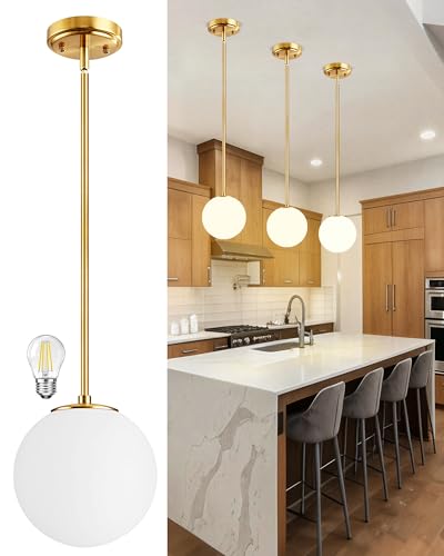 Majade Globe Pendant Lights Kitchen Island Mid Century Modern Pendant Light Fixtures 7.4 Inch Gold Ceiling Lighting with Milk Glass Shade Adjustable Brushed Brass Hanging Light for Dining Room