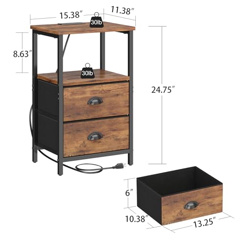 Image of Sthmec Industrial Nightstand, 11.38''D * 15.38''W* 24.75''H, Rustic Brown, 2 Drawers, LED, Charger Station