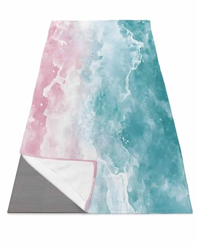 BOSIJOY Yoga Mat Towel,Minimalist Teal Pink Gradient Art Non Slip Sweat Absorbent Hot Yoga Towels with Corner Pockets,Abstract Ocean Wave Spray Soft Microfiber Towel for Pilates Bikram 74