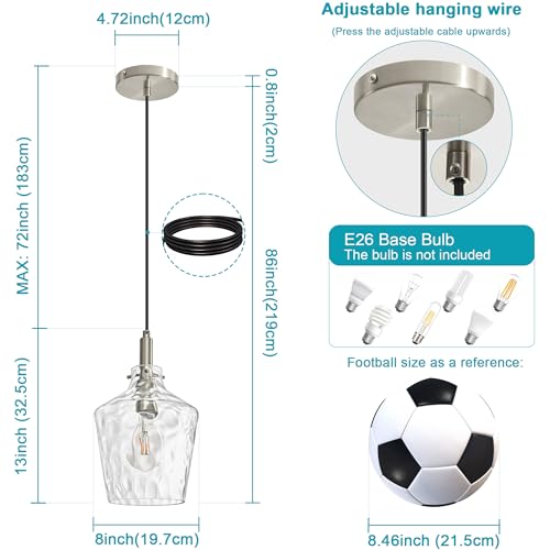 Image of Hammered Glass Pendant Light for Kitchen Island Foyer 1 Pack Nickel 8 Inch