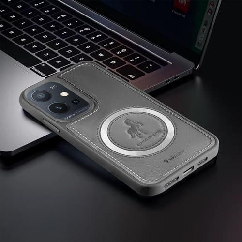 Image of Vaku Luxos Astrid Back Cover Case for Vivo Y75 5G Leather Stitched Magnetic Magsafe Wireless Charging TPU Phone Case Camera Screen Protector- Grey