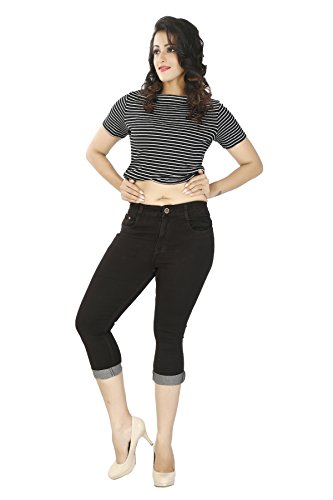 Image of FCK-3 Stretchable Denim Solid Mid Waist Knee Length Button Closure 5 Pocket Capree for Women