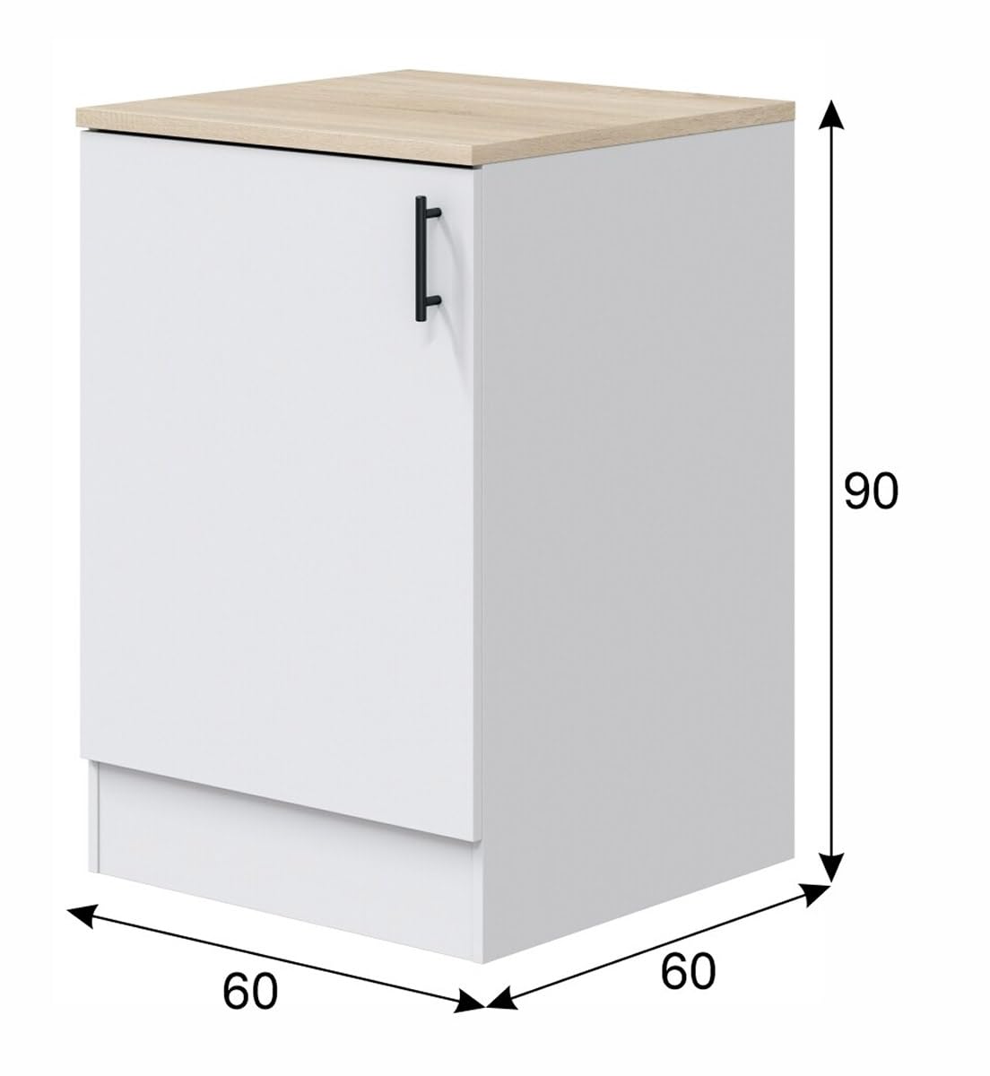 PEGANE - Meuble Bas de Cuisine avec Plan de Travail, 1 Porte Coloris Blanc Brillant/Chêne Canadien - Hauteur 90 x Longueur 60 x Profondeur 60 cm