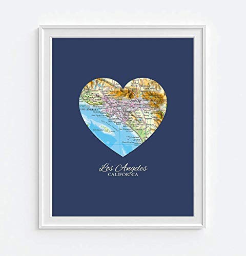 Los Angeles California Vintage Heart Map Art Print, Unframed, Customized Colors, All Sizes #TOP1