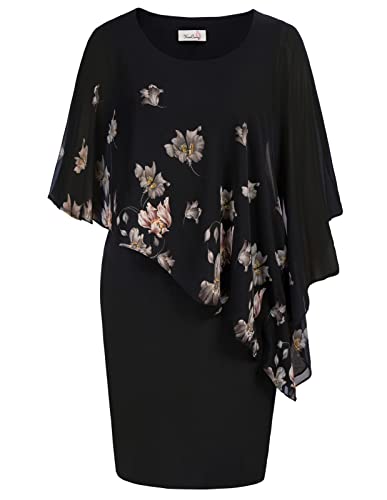 KIMCURVY Plus Size Cape Dress for Women Pencil Dress with Chiffon Overlay Wedding Cocktail Party Midi Dress
