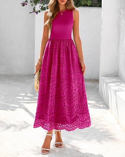 Image of dowerme Women Summer Dresses 2026 Casual Sleeveless Crewneck A-Line Boho Lace Eyelet Cotton Tank Maxi Dress with Pockets