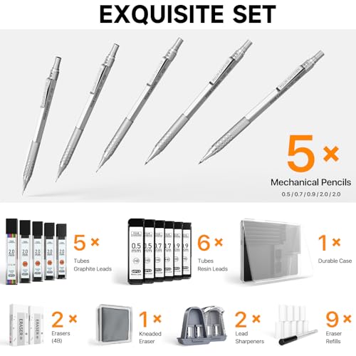 Image of Four Candies Metal Mechanical Pencil Set, 3PCS Art Drafting Pencils 0.5, 0.7, 0.9MM & 2PCS 2MM Mechanical Drawing Pencils with 420PCS Leads (4B 2B HB 2H Color) for Writing Sketching Drawing (Silver)