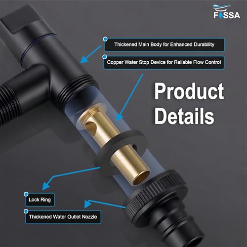 Image of Fossa Stainless Steel Laundry Washing Machine Faucet | Outdoor Water Spigot with Handle | Multi-Use Hose Connector Tap, Dishwasher Faucet & Angle Cock - Black (Matte Finish)