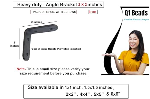 Image of Q1 Beads 6 Pack Metal 2 x 2 inches Heavy Duty (3 mm) L Brackets Clamp Floating Bracket for Shelf - Right Angle Bracket for Wood Furniture & Metal,with 12 Screws (2 x 2 Inches, Powder Coated)
