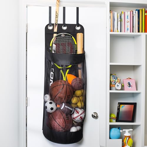 Hanging Sports Equipment Organizer with Hooks, Black Mesh, 16 in W x 43 in H x 12 in D