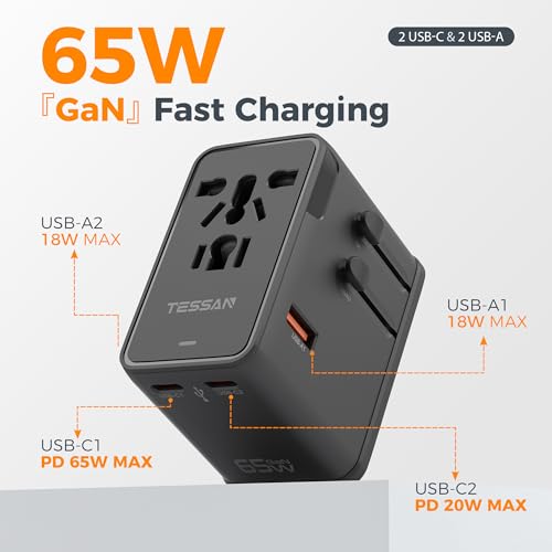 Image of TESSAN Universal Travel Adapter, 65W International Power Adapter with 4 USB Charging Ports (2 USB C), Worldwide Plug Adaptor for US to Europe UK Italy Spain France Ireland Australia (Type C G A I)