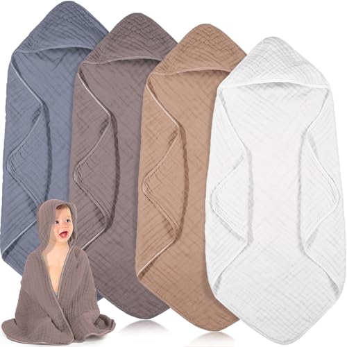 Image of Peryiter 4 Pcs Muslin Hooded Baby Towels, 32"x 32" Cotton Newborn Bath Towel Muslin Infant Baby Blankets Absorbent Unisex Christmas Registry Gift Essentials for Girls Boys (White,Coffee,Blue)