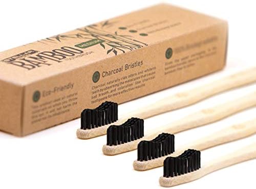 Stellar Natural Bamboo Toothbrush | Medium Charcoal Teeth Whitening Nylon Bristles | Biodegradable Handle Eco-Friendly | Pack of 4