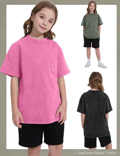 Image of COZYPOIN Unisex Kids Vintage Acid Wash Cotton Tees Crew Neck 3-16Y | 100% Cotton Boys Oversized T Shirt, Crew Neck, Short Sleeve, Front Pocket, Vintage Acid Washed Kids Tees for Boys Girls