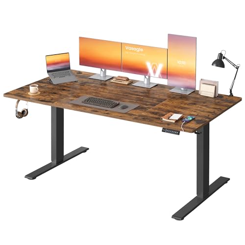VASAGLE Scrivania Regolabile in Altezza, 180 x 80 cm, Porta USB-C, Mensola per Ciabatta Elettrica, Promemoria per Sedentarietà 3 Tasti di Memoria, per Ufficio, Marrone Vintage LSD148KD02