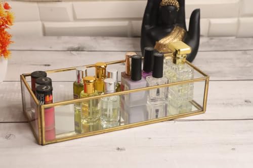 Image of Vintage Rectangular Brass Glass Tray with Jewelry Organizer, Decorative Accent, Wedding Bridal Party Gift, Candy Table Decor (Colour-Gold, Size- 25cm X 11cm X 6cm (LxBxH) (Pack of 1)
