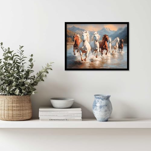 Image of HOTHOUSE Seven Running Vastu Lucky Horse and Rising Sun Painting | 7 Horses Vastu Frame Wall Art Painting for Living Room Bedroom Office Home Decor Wall Decor Size (13X17 inch)