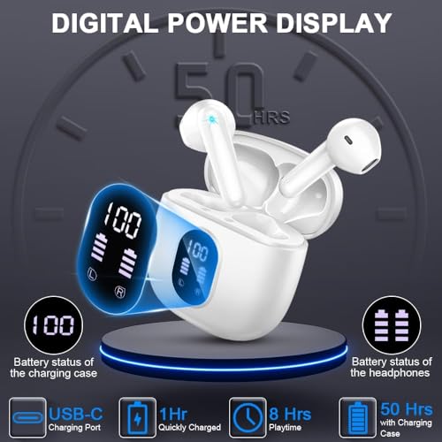 Image of Wireless Earbuds, Bluetooth 5.4 Headphones 50H Playback Bass Stereo Ear Buds with 4 ENC Cancelling Mics, in-Ear Earphones with LED Display, IP7 Waterproof USB-C for Laptop Pad Phones Workout Rose Gold