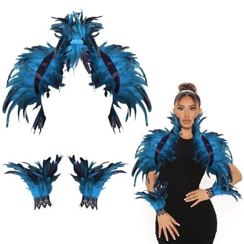 Herbst Federkragen mit Feder Manschetten Blau Federumhang Gothic Federn Umhang Feder Cape Achselzucken Schulter Raben Kostüm Damen für Cosplay Party...