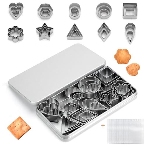 Juego de 30 cortadores de galletas con 10 bolsas para galletas, 10 moldes para galletas, moldes de acero inoxidable con caja de hierro para manualidades, fondant, masa de azúcar, repostería,
