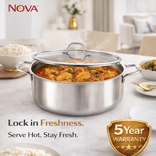 Image of NOVA Premium Triply Stainless Steel Casserole | Insulated Hot Pot with Lid 26CM | Heat Retention Technology | Food Storage & Serving Casserole | Durable Mirror Finish | Kitchen & Dining Essential
