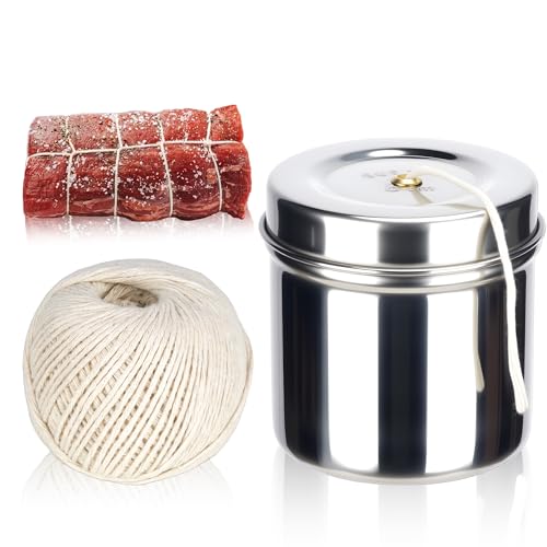 Kitchen Twine for Cooking with Stainless Steel Dispenser Cotton Butchers Twine for Cooking Meat Natural Kitchen Twine Center Pull Design (White) (1 Roll + 1 Dispenser)