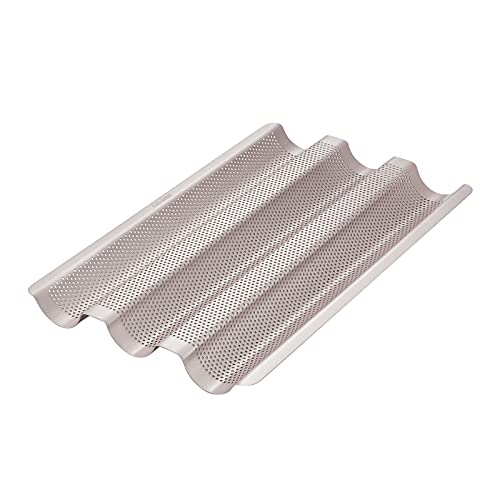 CHEFMADE Perforated Baguette Pan, 15-Inch 3 Wave Loaves Non-Stick Ultra-Ventilate French Bread Pan 2-Inch Channel for Oven Baking 15.2" x 9.6" (Champagne Gold) by CHEFMADE - Used condition - US$12.79