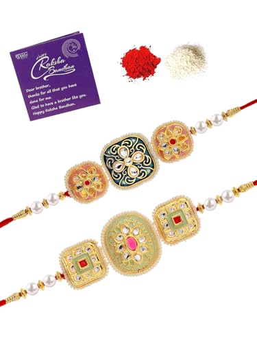 Image of Sukkhi Rakhi Traditional Kundan & Pearls Designer Meenakari Gold Plated Premium Rakhi for Brother with Roli Chawal & Greeting Card | Rakhi for Brother /Bhaiya /Bhai /Men|Rakhi Combo-Set of 2