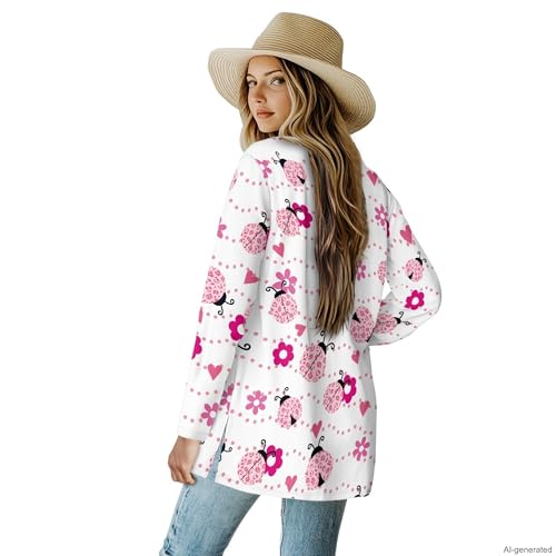 Image of Forchrinse Red Ladybug Cardigan for Women Causal Long Sleeve Open Front Cardigans Sweater Fashion 2024 Fall Coat with Pockets