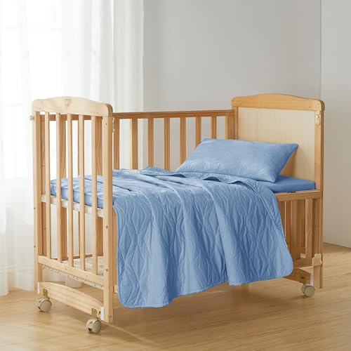 Hearth & Harbor 3-Piece Toddler Bedding Set – Soft, Breathable All-Season Quilt and Coverlet for Kids – Lightweight and Cozy Bedspread - Ellipse Weave - Baby Blue