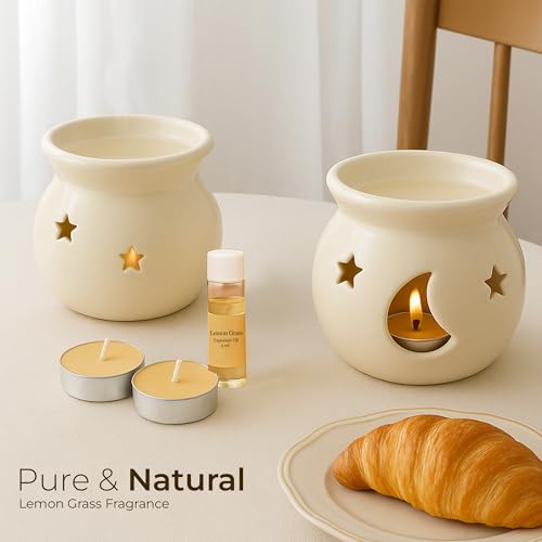 Image of Floryn Decor Ceramic Oil Diffuser Set with 5ml Essential Oil & 2 Tealight Candles | Aromatherapy Burner for Home Bedroom, Spa & Office | Relaxing Fragrance, Compact Size -Gift Pack Cream