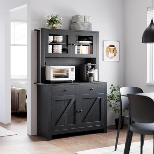 Image of IDEALHOUSE Modern Kitchen Pantry Cabinet, Microwave Storage Stand, Engineered Wood Food Organizer Cabinet with Multi Compartments, for Home Kitchen Dining Area, Black Wood Grain