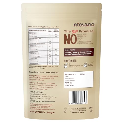 Image of Mevano Hot Chocolate Mix Powder, 200g | Refined SUGAR FREE | All Natural, REAL Cocoa without sugar, sweetened with Coconut Jaggery | Choco powder for Milk, Cold & hot shakes | No Preservatives