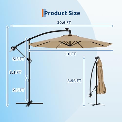 Garvee 10ft Solar Lights Offset Patio Umbrella, Cantilever Umbrella with Easy Lift & Tilt Adjustment, 8 Ribs Sun umbrella UV Protection for Backyard, Pool, Garden - Tan