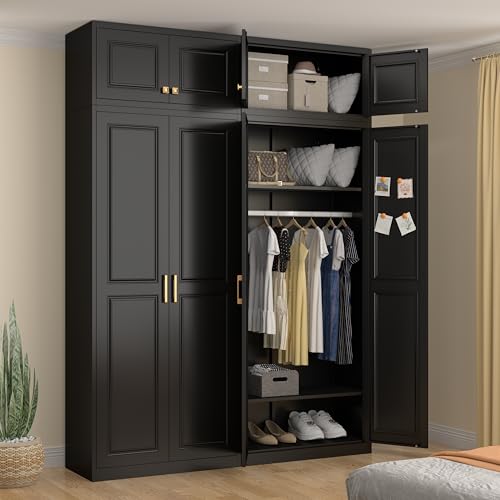 86.6" Amoire Wardrobe Closet, 71" Wardrobe Cabinet with 15.74" Cabinet, Metal Closets with Hanging Rod for Bedroom School, Employee, Gym, Armarios De Ropa para Domitorio, Black Black 86.6 In