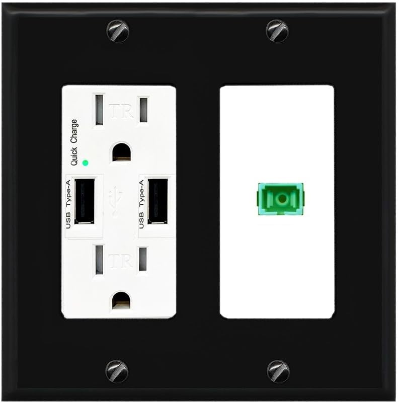 RiteAV 1 Port Fiber Optic Coupler Jack SC Simplex Singlemode APC Wall Plate - USB Charger Outlet [Stainless/Black]