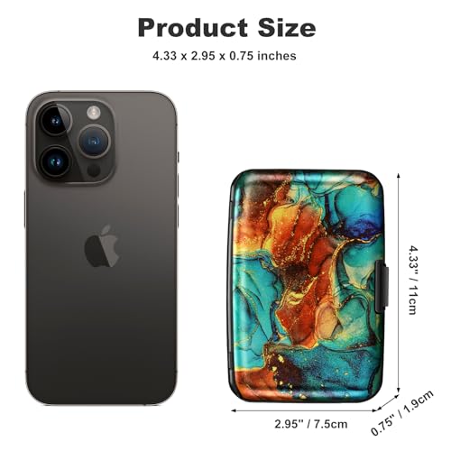 Image of ELFISH Mini RFID Aluminum Wallet Credit Cards Holder Business Card Case Metal ID Case for Men Women, Blue Brown Marble, 4.33 x 2.95 x 0.75 inches, Compact