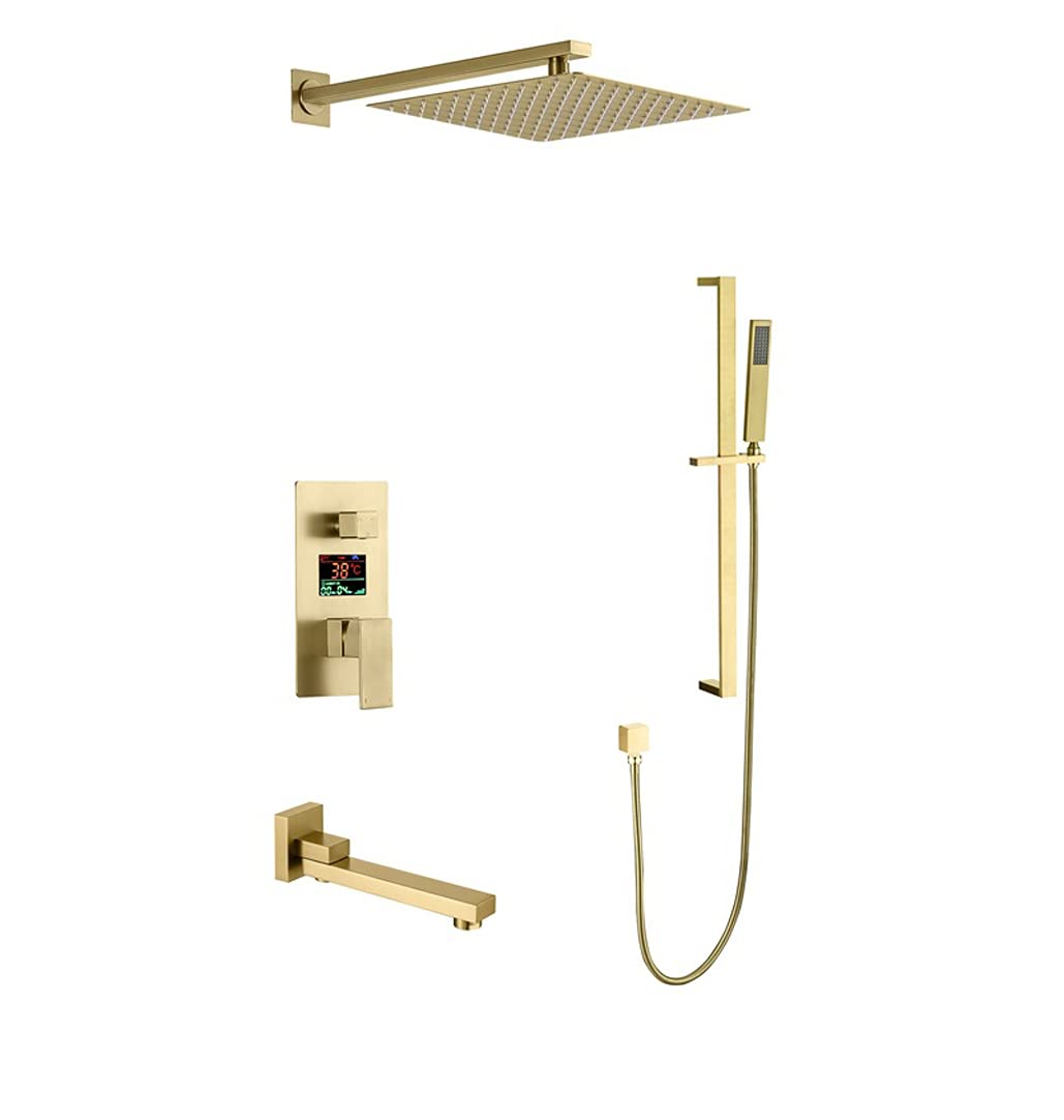 Sistema de Ducha, Conjunto de Ducha mezcladora de Lluvia LED con Pantalla Digital montada en la Pared, Color Oro Cepillado, con Cabezal de Ducha de Lluvia Cuadrado d,