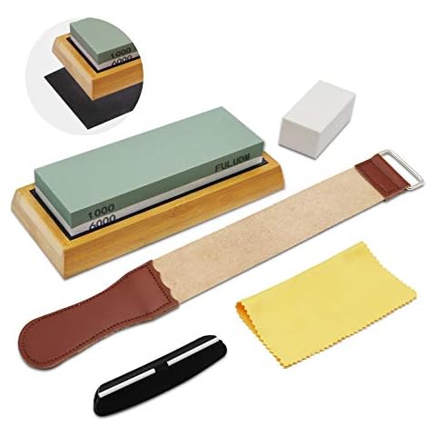 FULUDM Whetstone Knife Sharpening Stone Set - Sharpener Stones for Knives 1000/6000 Grit Dual Side Wet Stones Kit, with Flattening Stone Angle Guide Leather Strop Cover