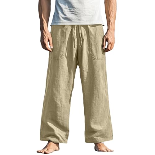Mens Straight Leg Pants Button Elastic Waist Hawaiian Casual Loose Fit Stylish Breathable Beach Trousers with Pockets