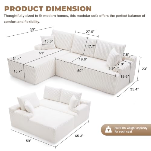 Image of Mangodan Cloud Sectional Sofa, Boneless Couch for Living Room, Modular Sectional Sofa with Deep Seat, Fluffy Comfy Couch with L-Shaped Chaise, No Assembly Required, Beige