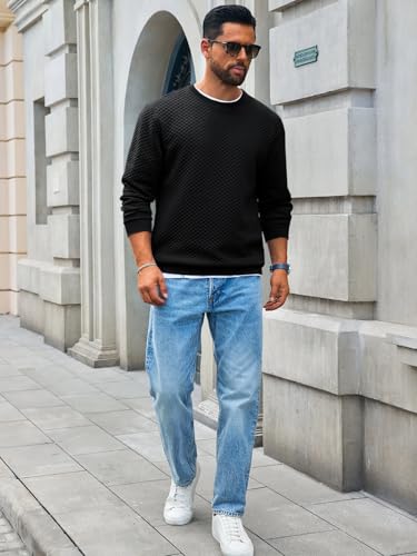 Runcati Mens Crewneck Sweatshirts Quilted Diamond Textured Pullover Long Sleeve Casual Fashion Sweatshirt4