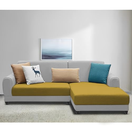 Image of Kraven RHS 4 Seater L Shape Sofa Set for Living Room (Yellow Grey Fabric) Premium Fabric Sofa