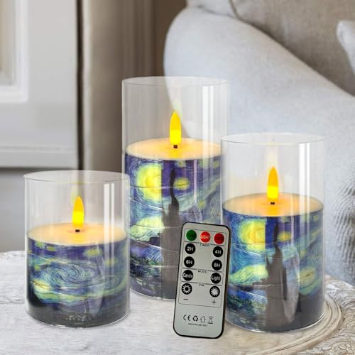 Image of Flickering Flameless Candles, Recessed String Light LED Candles Acrylic Battery Operated LED Pillar Candles Van Gogh Art Painting Style for Home Decor Set of 3(Starry Night Printed)