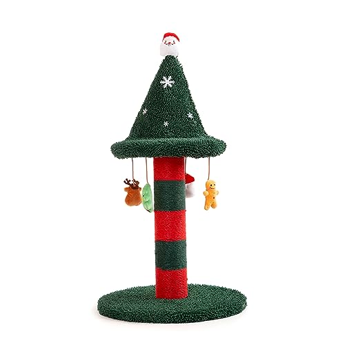 LUCKITTY Cat Scratching Post with 4 Hanging Plush Toy - Christmas Tree Alternative Give Your Cat a Toy and Scratching Post in One with This Ultimate Tree 30 * 15 Inch Red Green