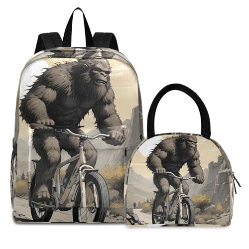 Backpack Lunch Box Set Large Capacity Travel Backpacks and Insulated Lunch Bag for Commute Hiking Picnic Gorilla Bike Print